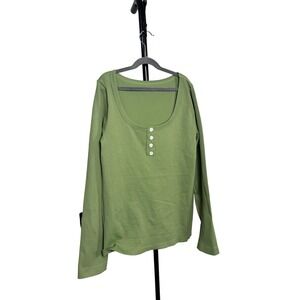 OQQ‎ Henley  Seamless Green Ribbed Button Long Sleeve Soft Sculpt Contour Large